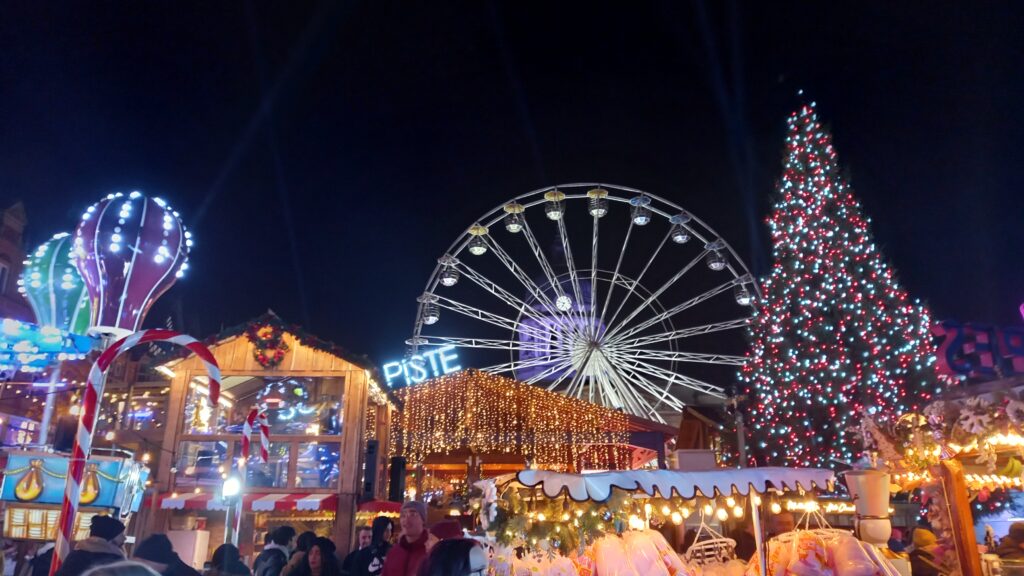 Nottingham Winter Wonderland in Old Market Square, at night.